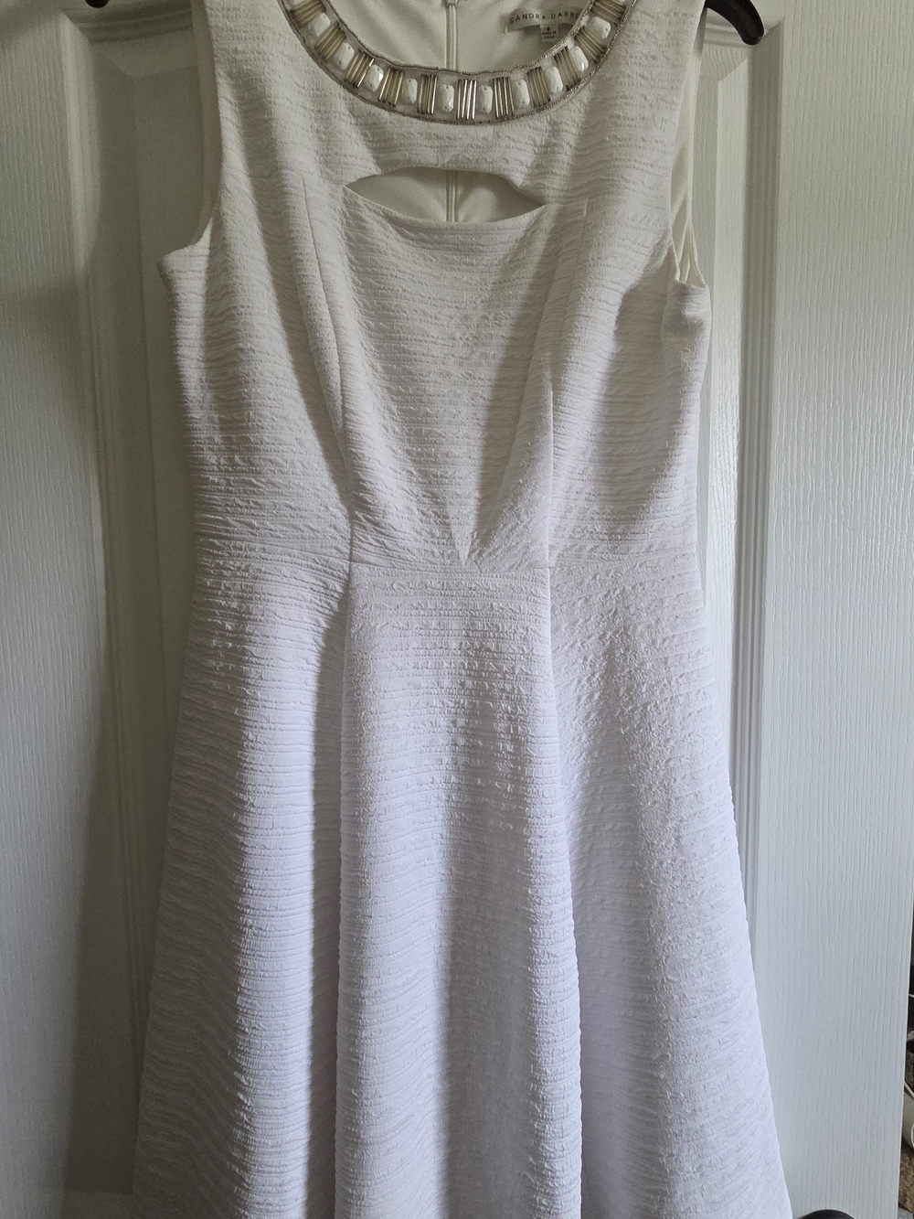 Sandra Darren White Textured Sleeveless Mini with Beaded Neckline